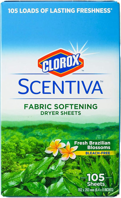Clorox Scentiva Fabric Softener Dryer Sheets, Fresh Brazilian Blossoms Scent - Wrinkle Reducing Scented Softening Laundry Dryer Sheets for Great Smelling Clothes, 105 Count