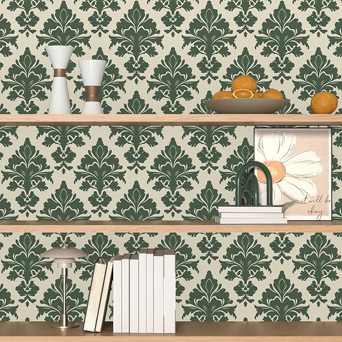 Vintage Green Floral Symmetrical Wallpaper Peel and Stick 17.5" x 118" Boho Leaf Pattern Self Adhesive Cantact Paper, Waterproof Removable Vinyl Wall Covering for Bedroom Living Room Cabinet