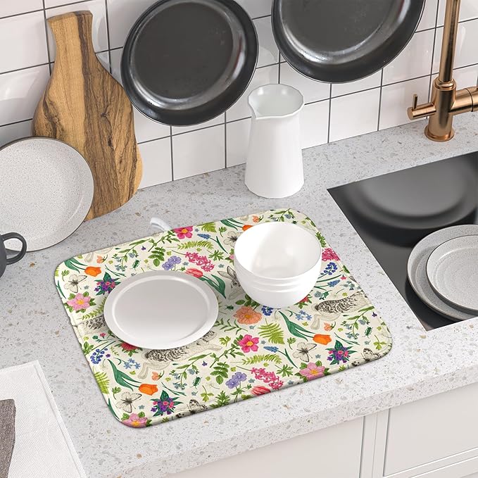 Spring Easter Dish Drying Mat for Kitchen Counter 16x18 Rabbit Bunny Green Pink Floral Vintage Print Absorbent Reversible Microfiber Drying Mats Kitchen Countertop Protector Dishes Drainer Rack Pad