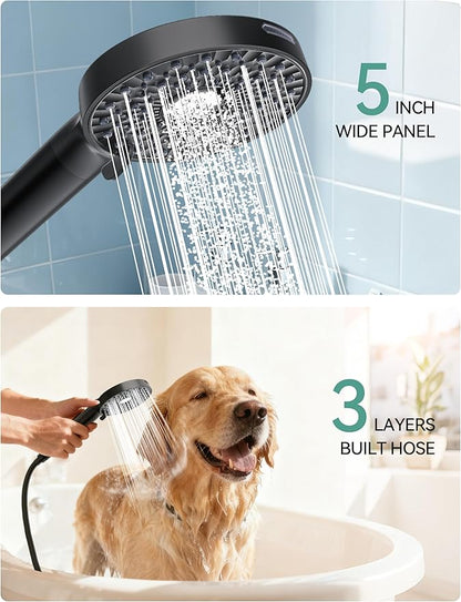Magichome Filtered Shower Head with Handheld, High Pressure 10-Spd Detachable Chrome Showerhead with Stainless Hose, Water Softener Filter Beads for Hard Water - Remove Chlorine, Black