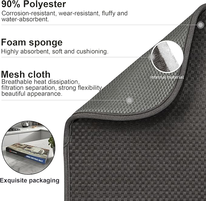 2-Pack Dish Drying Mat 18 x 24 inches – XL Drying Matt Kitchen Counter,Dish Drying Mats for Kitchen Counter, Super Absorbent, Anti-Slip, Fast Drying, Kitchen Must-Have(Dark Gray)