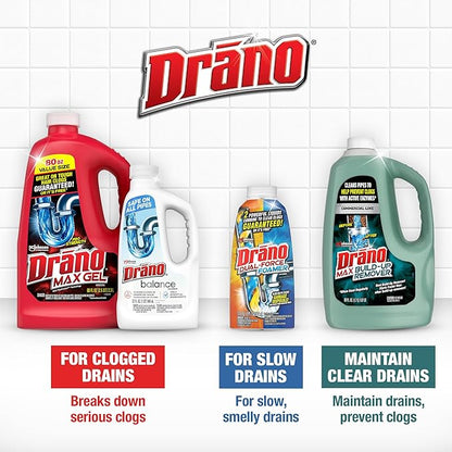 Drano Max Gel Drain Clog Remover & Cleaner, Fast-Acting to Unclog Standing Water & Remove Hair, Grease & Food Blockages, Safe for all Pipes & Septic, Kitchen Sinks, Bathroom Showers & Tubs, 80 Oz