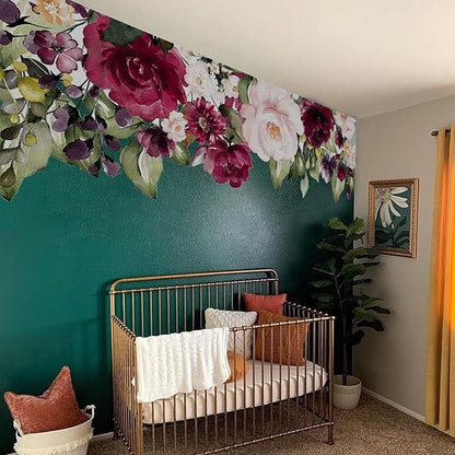 Large Peel and Stick Floral Bouquet Wall Decals Flowers Wall Stickers for Living Room Bedroom Accent Wall Decor, Burgendy Pink Rose Garden