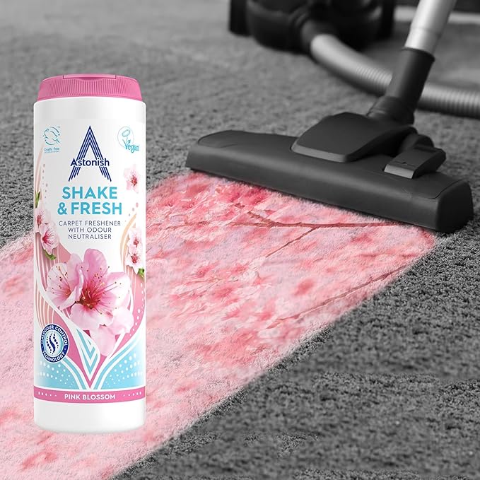 Astonish 350g Shake Fresh Pink Peony Carpet Odor Eliminator Powder, 3 Pack - Pet Smell Neutralizer, Vacuum Safe for a Long Lasting Room Scent, Floor Refresher, Home Deodorizer, Soft Floral Fragrance