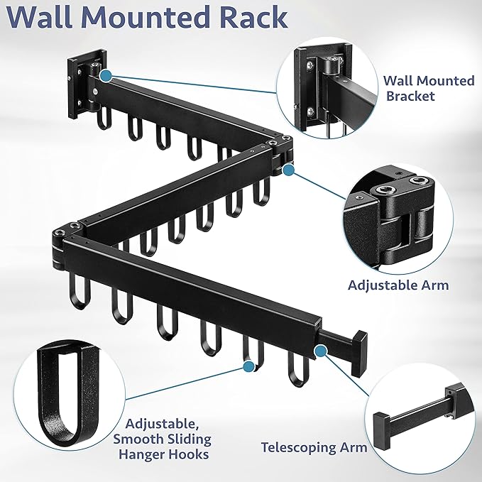 Luxe Laundry Premium Wall Mounted Clothes Drying Rack, Aluminum Wall Mounted, Foldable (Tri-Fold), Collapsible, Space Saving Clothes Drying Rack for Laundry Room, Wall, Dry-Wall, Jet-Black