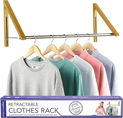 Double Foldable Clothing Rack w/ Extension Rod, Wall-Mounted Retractable Clothes Hanger for Laundry Dryer Room, Hanging Drying Rod, Small Collapsible Folding Garment Racks, Dorm Accessories (Gold)
