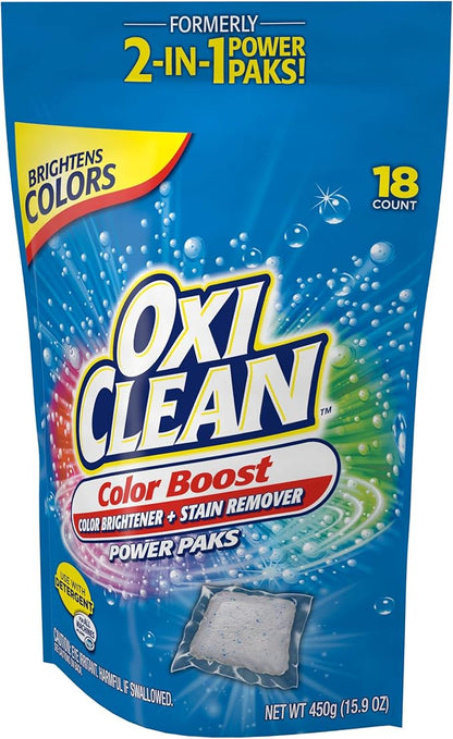OxiClean Color Boost Color Brightener plus Stain Remover Power Paks, 18 Count (Packaging may vary)