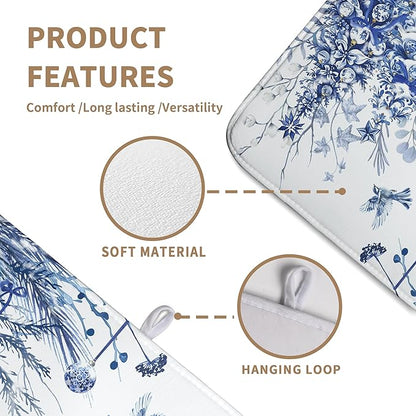 Christmas Tree Dish Drying Mat for Kitchen Counter 18x24 Inch Blue White Chinoiserie Winter Xmas Holiday Drying Mats Microfiber Absorbent Dish Draining Reusable Dish Drainer Pad