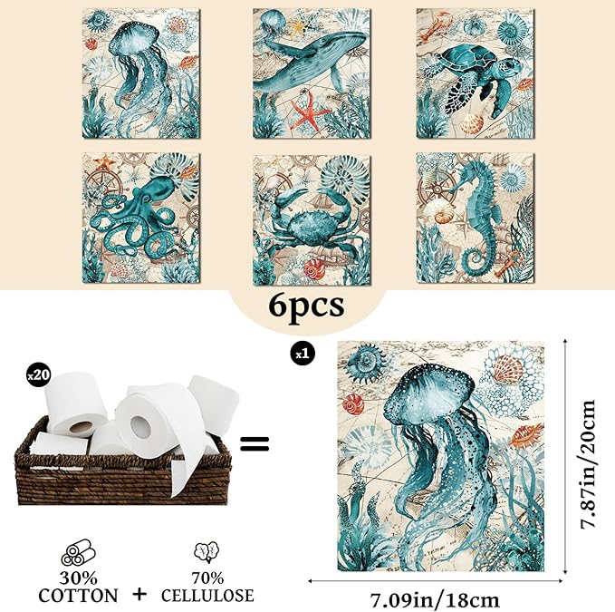 Blue Sea Swedish Dishcloths for Kitchen, 6 Pack Reusable Sea Animal Pattern Absorbent Dish Cloth, Fast Drying Cleaning Sponge Cloths for Kitchen Cooking Home Decoration Housewarming Gift