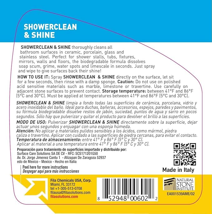 FILA Surface Care solutions, SHOWERCLEAN & SHINE FOAM, Bathroom Foam Cleaner, Removes Limescale, Soap Scum and Water Stains, Cleans and Deodorizes, Safe on Steel, Glass and Ceramic, 24 Oz