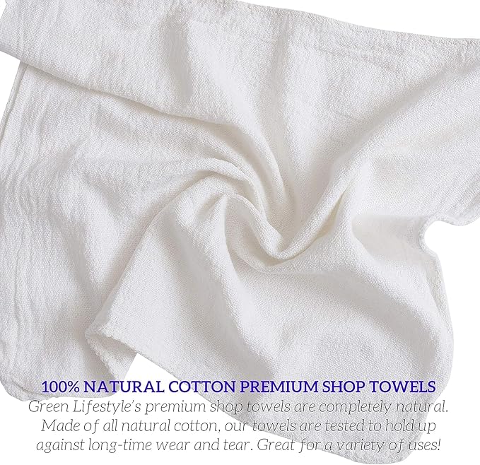 GREEN LIFESTYLE White Shop Towels 12x14, 150 Pack - 100% Cotton Super Absorbent & Durable Shop Rags, Reusable Shop Rags Bulk, Multipurpose Cleaning Towels for Automobiles, Industries, Garage and Home