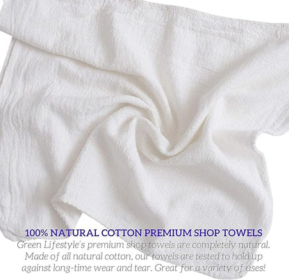 GREEN LIFESTYLE White Shop Towels 12x14, 150 Pack - 100% Cotton Super Absorbent & Durable Shop Rags, Reusable Shop Rags Bulk, Multipurpose Cleaning Towels for Automobiles, Industries, Garage and Home