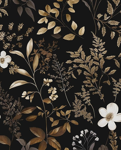 Laatse Black Floral Wallpaper Peel and Stick Boho Wallpapers 17.5" x 118" Gold Leaf Contact Paper for Cabinets Waterproof Self Adhesive Removable Wall Paper for Kitchen Table Countertop Walls
