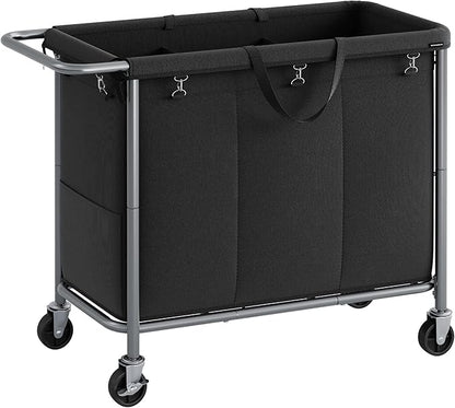 SONGMICS Laundry Basket with Wheels, 3-Section Rolling Laundry Hamper, 52.8 Gallons (200 L), Removable Liner, Steel Frame with Handle, 35.8 x 15.4 x 31.9 Inches, Ink Black URLS005B01