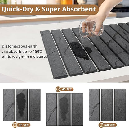 2 PCS Large Stone Dish Drying Mat for Kitchen Counter, Marbled Quick Dry Stone Dish Mats, Diatomaceous Earth Drying Pad, Foldable and Super Absorbent Dish Drying Stone Mat (Dark Gray 24"×16" & 8"×4")