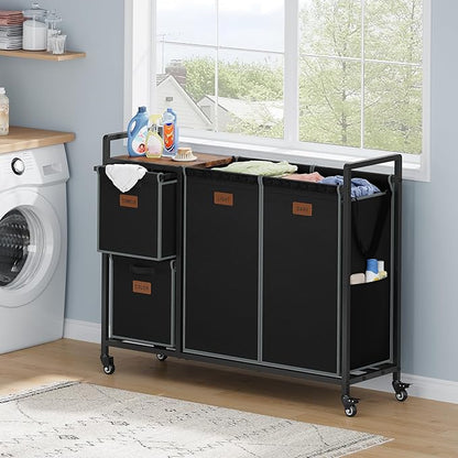 Hoctieon 4 Section Laundry Cart, 48 Gal. (182L) Laundry Hamper with Lid, Laundry Basket with Wheels, Rolling Laundry Sorter Organizer with Shelf, Clothes Separator with Removable Bags, Black