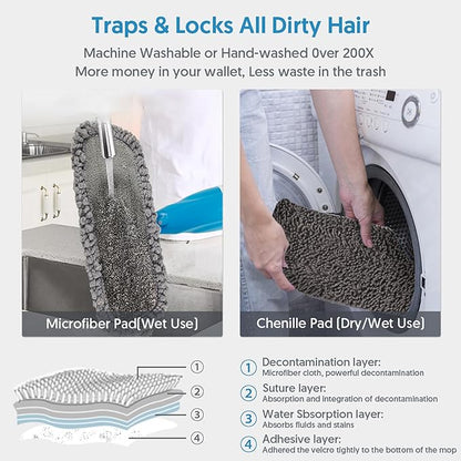 Spray Wet Mops for Floors Cleaning - EXEGO Floor Flat Mops Refillable with 3 Washable Pads for Swiffer Powermop - Commercial Dust Dry Mop for Hardwood Laminate Ceramic Tile Wood Vinyl