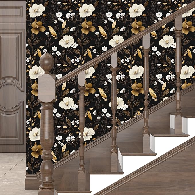 Fvlow Dark Floral Wallpaper Peel and Stick 17.4" x 394", Vintage Golden Contact Paper Waterproof Moody Self Adhesive Covering for Bedroom Cabinet Bathroom, Retro Flower Pattern Design Wall Decor Black