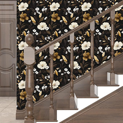 Fvlow Black Gold Floral Wallpaper Peel and Stick 17.4" X 118" Golden Leaf Small Flower Contact Paper Floral Pattern Removable Self Adhesive Covering for Bedroom Cabinet Bathroom Home Decor Black Dark