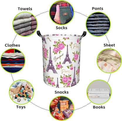 Laundry Basket Romantic Vintage Eiffel Tower Laundry Hamper Large Laundry Basket Storage Basket Tote Bag Collapsible Organizer Basket for Bathroom,Laundry,Bedroom 17.3 x16.5 Inch