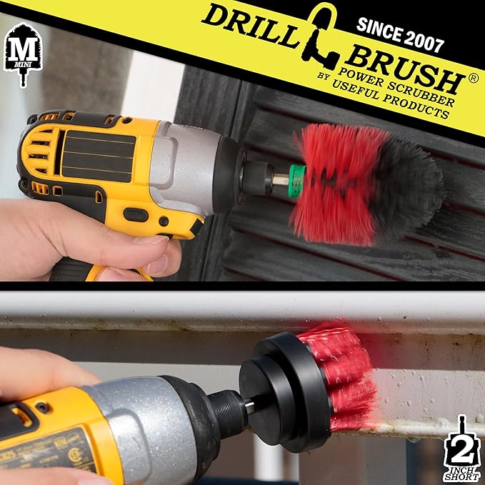 2 Piece Mini Size Red Stiff Bristle Rotary Cleaning Drillbrushes for Cleaning Siding, Brick, Stone, Fireplaces, Decks, Gutters, and More by Drillbrush