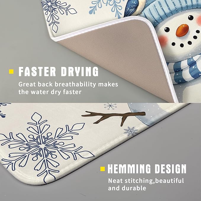 Winter Snowman Dish Drying Mat for Kitchen Counter 16x18 Blue Snowflake Bird Christmas Holiday Absorbent Reversible Microfiber Drying Mats Kitchen Countertop Protector Dishes Drainer Rack Pad