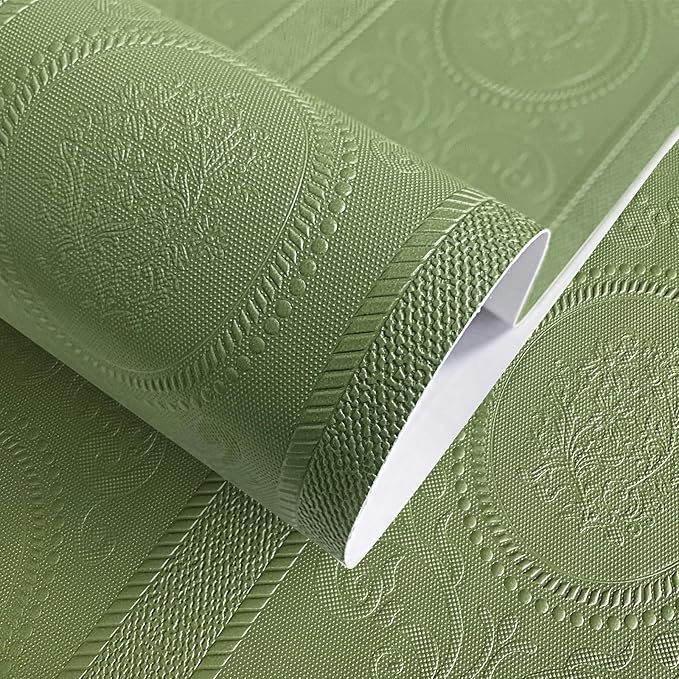 JiffDiff Wallpaper Peel and Stick Textured,3D Embossed Wall Paper Stick on Wallpaper Modern Waterproof Self Adhesive Contact Paper(17.3" x 1200",Green)
