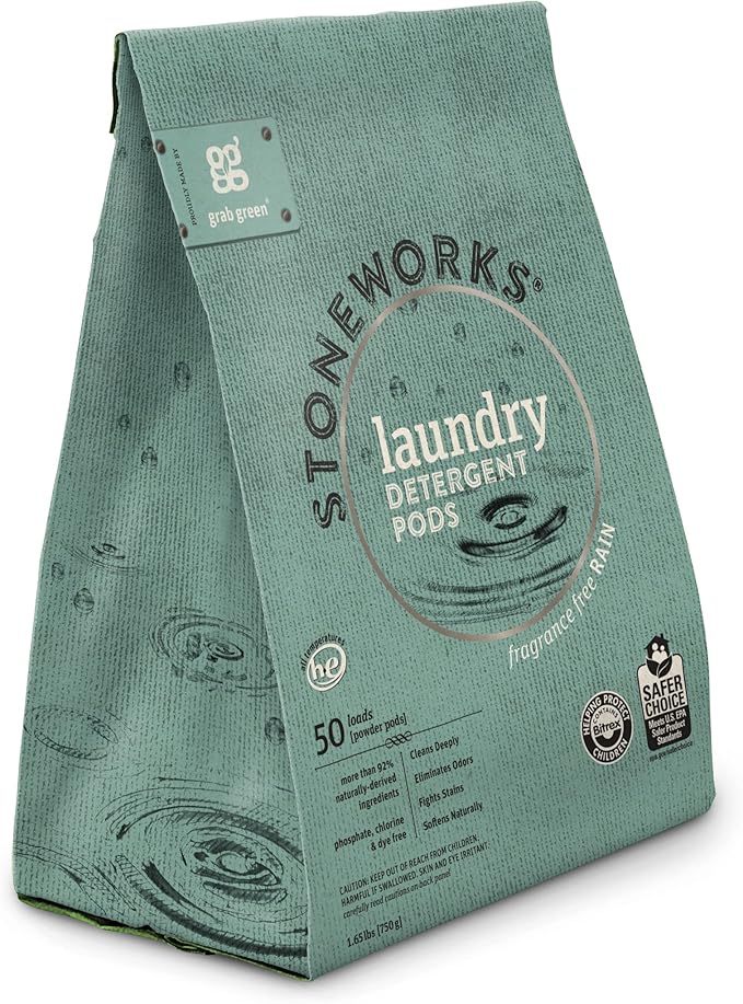 Grab Green Stoneworks Laundry Detergent Pods, Powered by Naturally Derived Plant & Mineral-Based Powder, Unscented, 50 Loads (Pack of 1) - EPA Safer Choice Certified