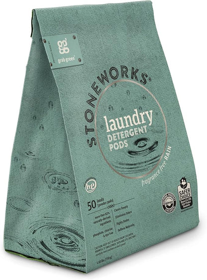 Grab Green Stoneworks Laundry Detergent Pods, Powered by Naturally Derived Plant & Mineral-Based Powder, Unscented, 50 Loads (Pack of 1) - EPA Safer Choice Certified