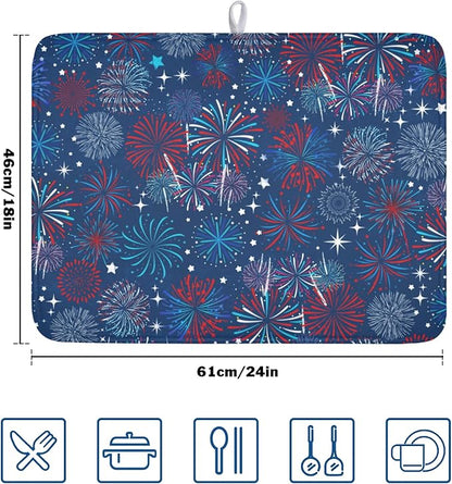 4th of July Patriotic Dish Drying Mat for Kitchen Counter 18 x 24 Inch Independence Day Dish Drainer Mat Absorbent Microfiber Firework Dish Rack Pad for Coffee Dining Bar Decor