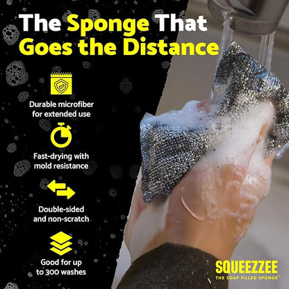 Squeezzee Soap Filled Scrubber Sponges - Non Scratch Scrubbing Sponge with Built-In Dishwashing Liquid Dish Soap - Double Sided Kitchen & Household Cleaning Scrubbers - Up to 300 Washes Per Sponge - 4