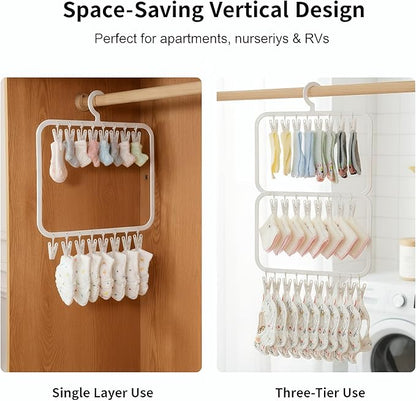 26-Clip Multi-Layer Clothes Drying Rack, BPA-Free ABS Laundry Hanger for Baby Clothes, Socks & Underwear, Heavy Duty Non-Foldable Hanger for Apartment, Nursery & Small Spaces (Off-White)
