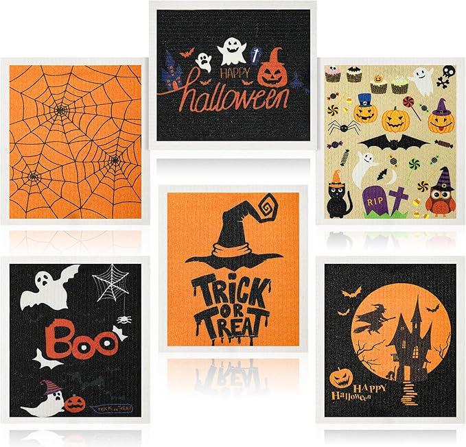 Honeydak 6 Pcs Halloween Swedish Dish Towels Ghost Pumpkin Swedish Kitchen Towels Washable Reusable Halloween Dish Cloths Witch Absorbent Fast Drying Cleaning Cloth for Home Party Decor