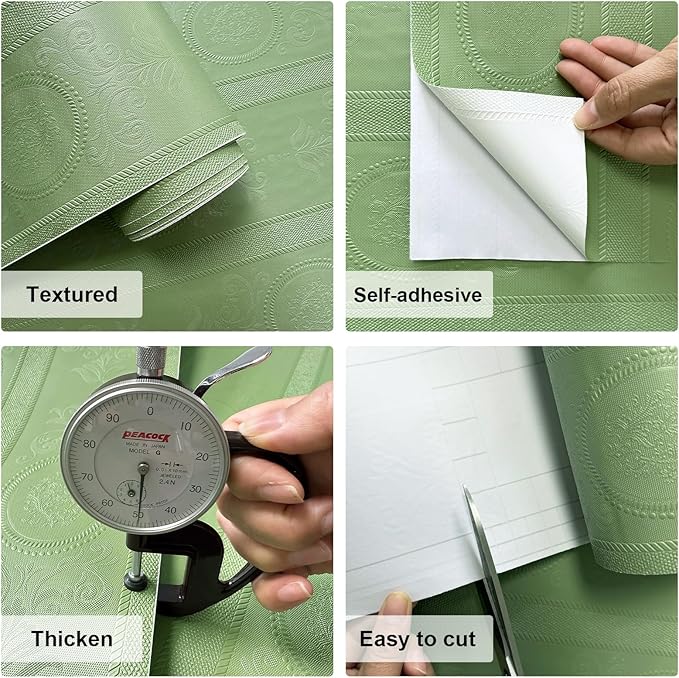 JiffDiff Wallpaper Peel and Stick Textured,3D Embossed Wall Paper Stick on Wallpaper Modern Waterproof Self Adhesive Contact Paper(17.3" x 1200",Green)