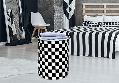 KUNRO Round Black-white Checker Laundry Gift Basket Storage Hamper, Clothes Storage Organizer Bins, Shelf Basket with Handles for Room Decor