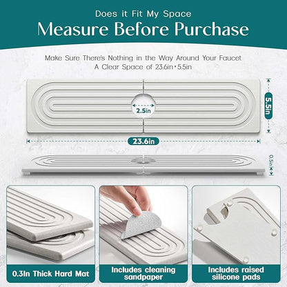 Large Faucet Mat for Kitchen Sink - Stone Drying Mat for Kitchen Counter, Diatomite Fast Drying Stone Sink Tray, Super Absorbent, Stylish Decor and Protector for Bathroom (Light Grey, 23.6" x 5.5")