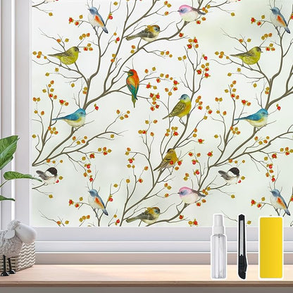 DKTIE Window Privacy Cling Film with Installation Tools, Stained Glass Opaque Non-Adhesive Frosted Bird Coverings Removable for Bathroom Shower Door Frosted (S3533, 17.7in X 78.7in)
