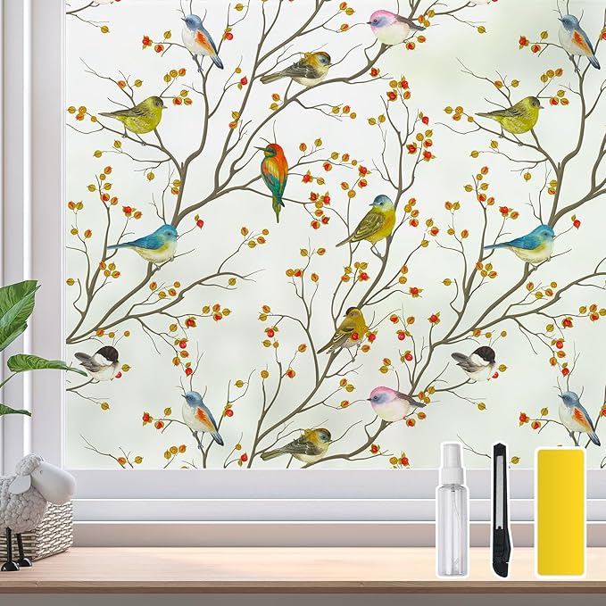DKTIE Window Privacy Cling Film with Installation Tools, Stained Glass Opaque Non-Adhesive Frosted Bird Coverings Removable for Bathroom Shower Door Frosted (S3533, 29.5in X 118.1in)