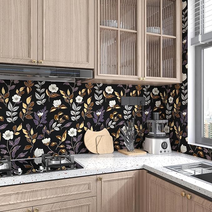 Fvlow Dark Floral Wallpaper Peel and Stick Vintage Gold Leaf Contact Paper Black Floral Wallpaper Waterproof Self-Adhesive Wall Covering for Bedroom Countertop Desk Cabinets 17.4" x 393"