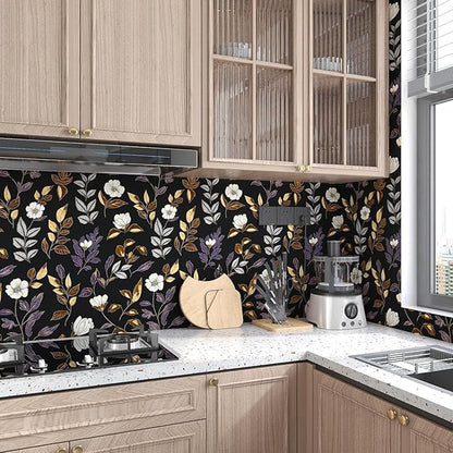 Fvlow Dark Floral Wallpaper Peel and Stick Vintage Gold Leaf Contact Paper Black Floral Wallpaper Waterproof Self-Adhesive Wall Covering for Bedroom Countertop Desk Cabinets 17.4" x 393"