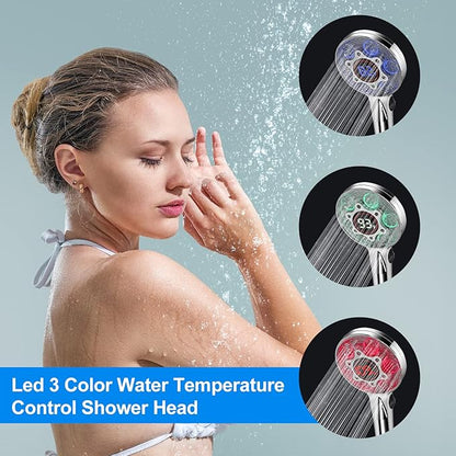 LED Shower Head with Handheld, Color Changing, Shower Head High Pressure with Water Temperature Display, Water Saving Spray Showerheads with 59" Hose and Shower Bracket for Low Water Pressure, Chrome