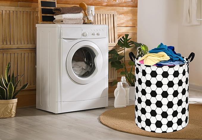 19.7 Inch Round Football Laundry Clothes Hamper Laundry Basket with Handles,Storage Organizer Bins Laundry Gift Basket for Room, Bedroom Decor (Football)