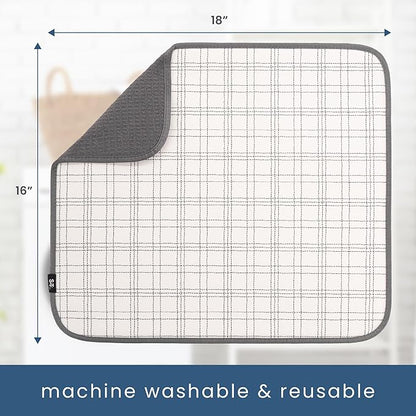 S&T INC. Dish Drying Mat, 16” x 18”, Absorbent Microfiber Kitchen Counter Mat, Dish Drying Pad for Dishes, Utensils, Pots and Pans, Large, Stitched Plaid