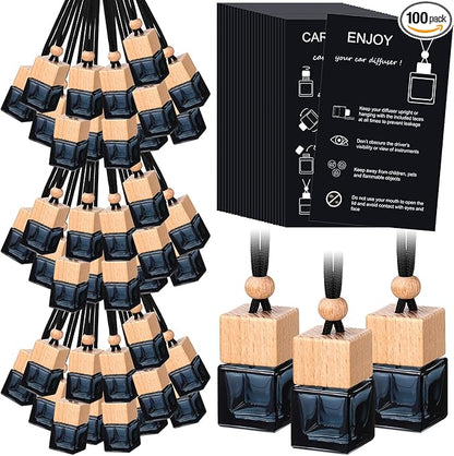 DaisyInner 100 Sets Car Diffuser Bottles Empty Bulk Hanging Car Air Freshener Diffuser Bottles Bulk Glass Perfume Holder with Instruction Cards for Essential Oil Fragrance Pendant(Square,Black)