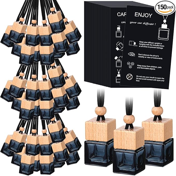 DaisyInner 150 Sets Car Diffuser Bottles Empty Bulk Hanging Car Air Freshener Diffuser Bottles Bulk Glass Perfume Holder with Instruction Cards for Essential Oil Fragrance Pendant(Square,Black)