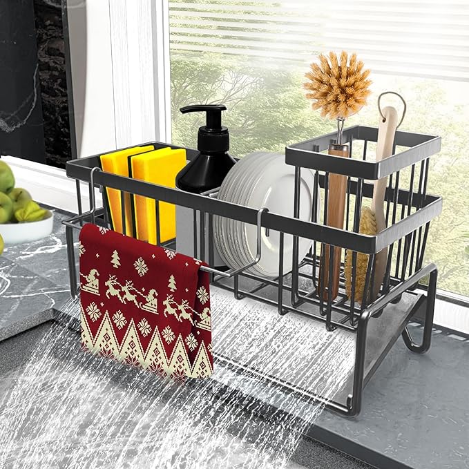 Sponge Holder for Kitchen Sink Caddy，Sink Caddy Organizer with High Brush Holder Adjustable Divider, Tilted Drain Pan, Multifunctional for Home Decor Accessories (Grey)