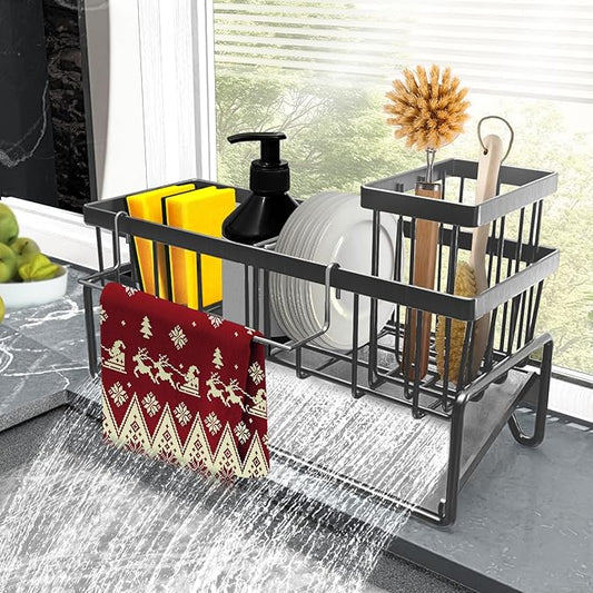Sponge Holder for Kitchen Sink Caddy，Sink Caddy Organizer with High Brush Holder Adjustable Divider, Tilted Drain Pan, Multifunctional for Home Decor Accessories (Grey)