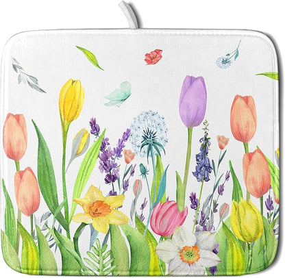 Aportt Spring Floral Dish Drying Pad with Absorbent Reversible Microfiber Watercolor Tulip Lavender Flower Drying Mats 16 x 18 Inch Dish Drainer Mat Fast Dry For Kitchen Dining Room