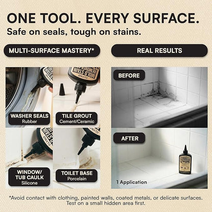 Stain Remover Gel - Low Odor, No Harsh Fumes - For Washing Machine Rubber Seal, Bathroom Grout and Caulk, Shower Tile Cleaner, HE Front Load Washer Safe, UV-Shield Black Bottle - 7 oz