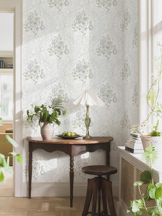 Ismoon Vintage Peel and Stick Wallpaper Floral Contact Paper Boho White and Grey Watercolor Damask Wallpaper Textured Removable Self Adhesive Vinyl Wall Paper for Bedroom, 17.3 in X 16.4ft